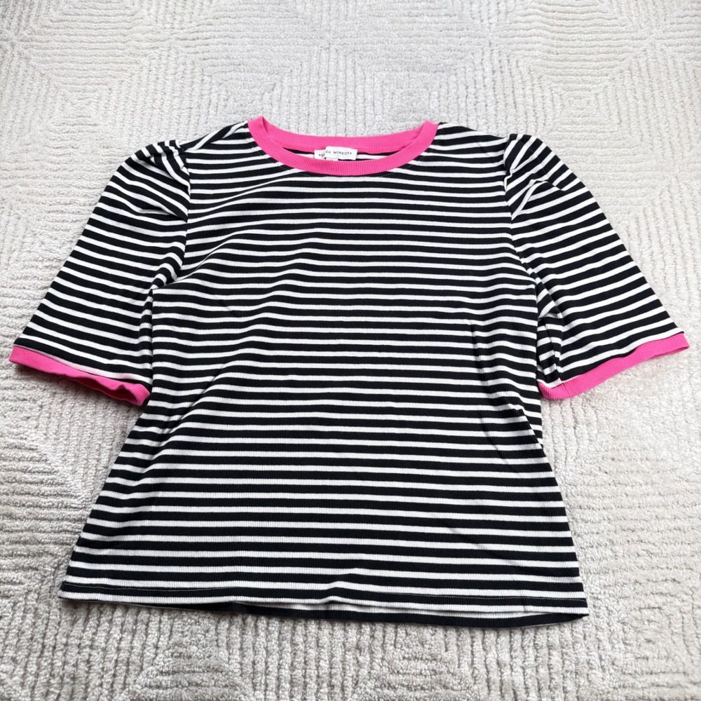 Rebecca Minkoff Striped Top Womens XXL Black Pink Puff Sleeve Preppy French Girl
